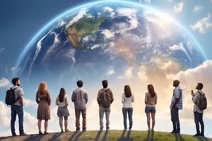 A group of people looking at the Earth