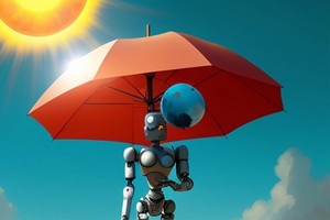 Robot holding umbrella over earth to protect from sun
